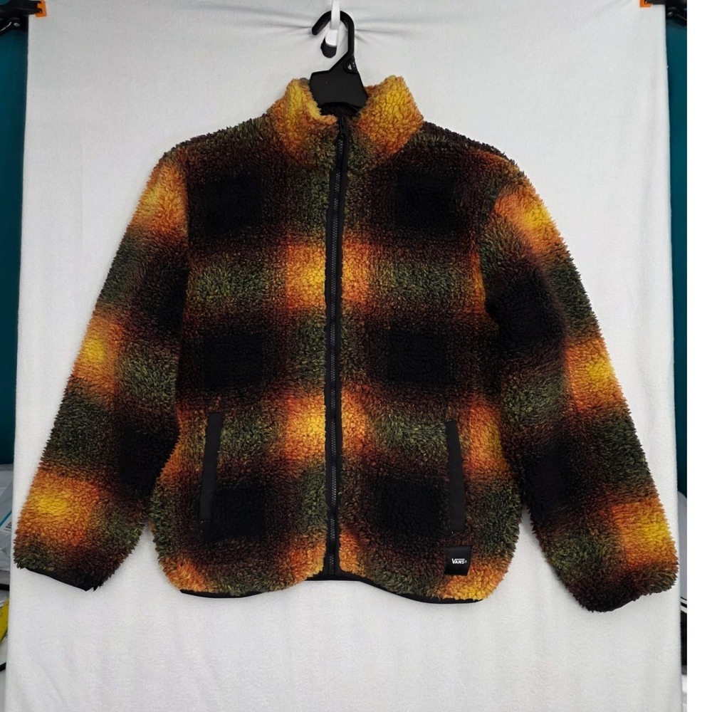 Vans Sherpa Fleece Jacket Small Orange Green Plaid Full Zip Ombre VN000PTBF0W
